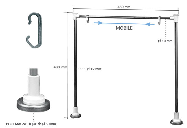 Potence magnétique porte-fronton à poser + 2 crochets ouverts - 480 x 450 mm