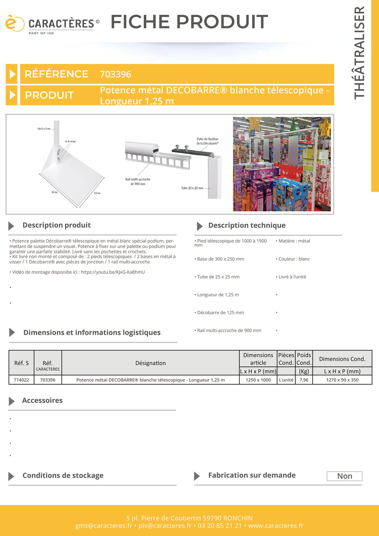 Potence Décobarre® spécial podium télescopique métal blanc - Longueur 1,25 m