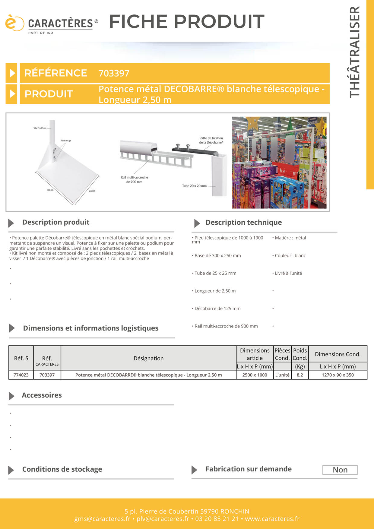 Potence Décobarre® spécial podium télescopique métal blanc - Longueur 2,50 m