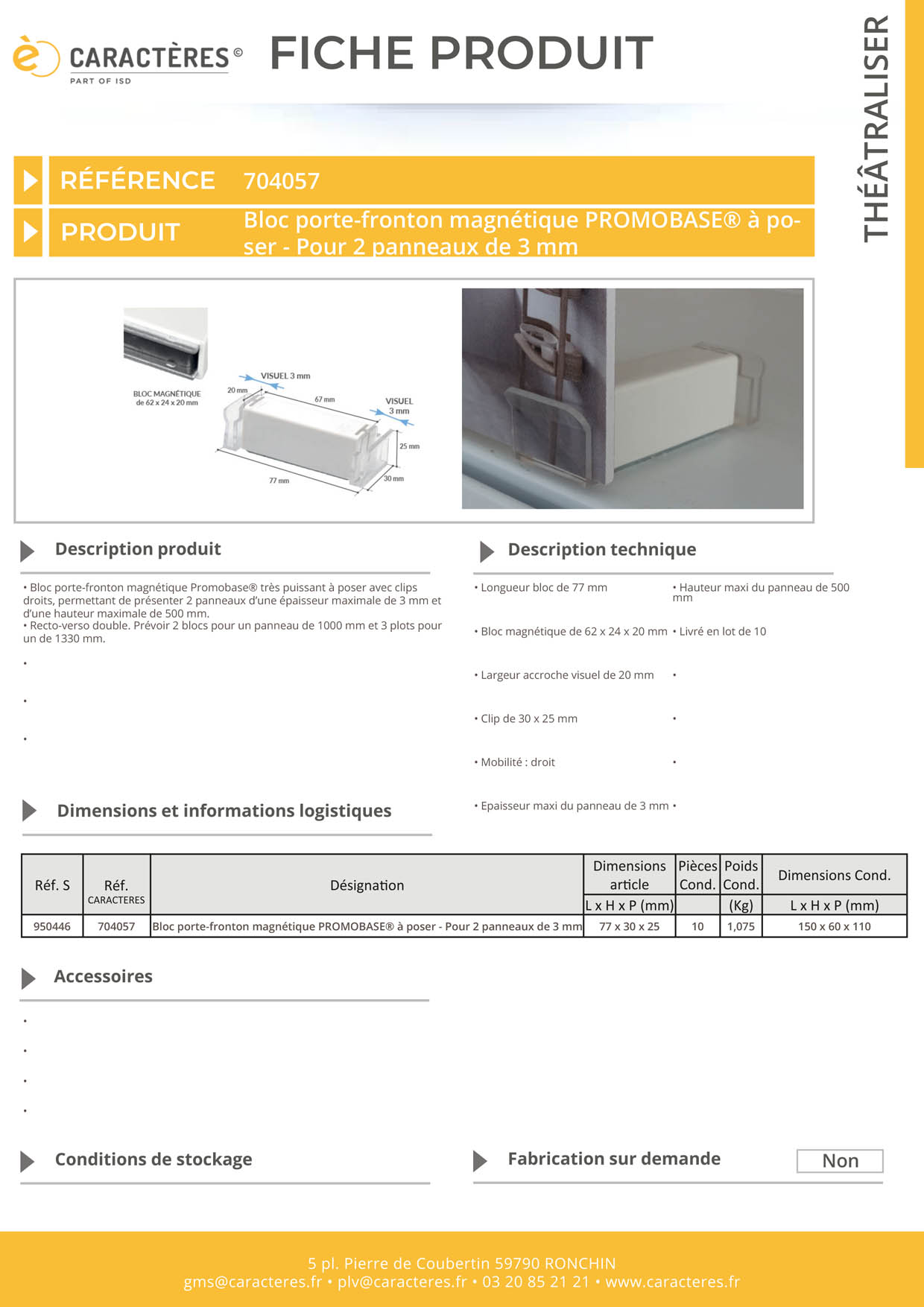 Bloc porte-fronton magnétique Promobase® + clips droits à poser - 2 panneaux de 3 mm