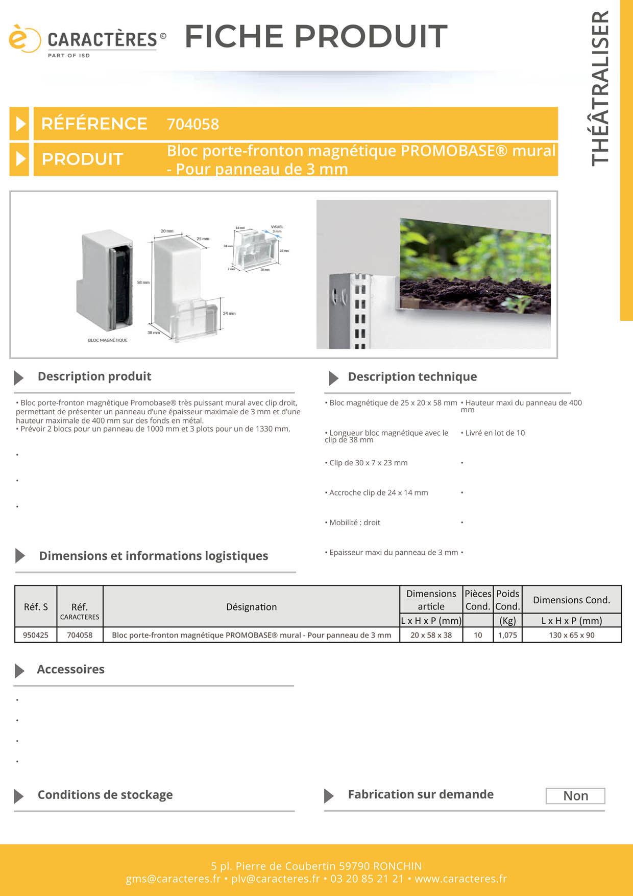 Bloc porte-fronton magnétique Promobase® murale + clip droit - Panneau de 3 mm