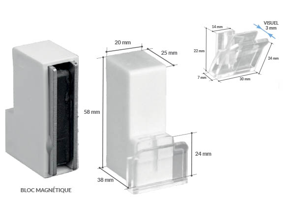 Bloc porte-fronton magnétique Promobase® murale + clip incliné - Panneau de 3 mm