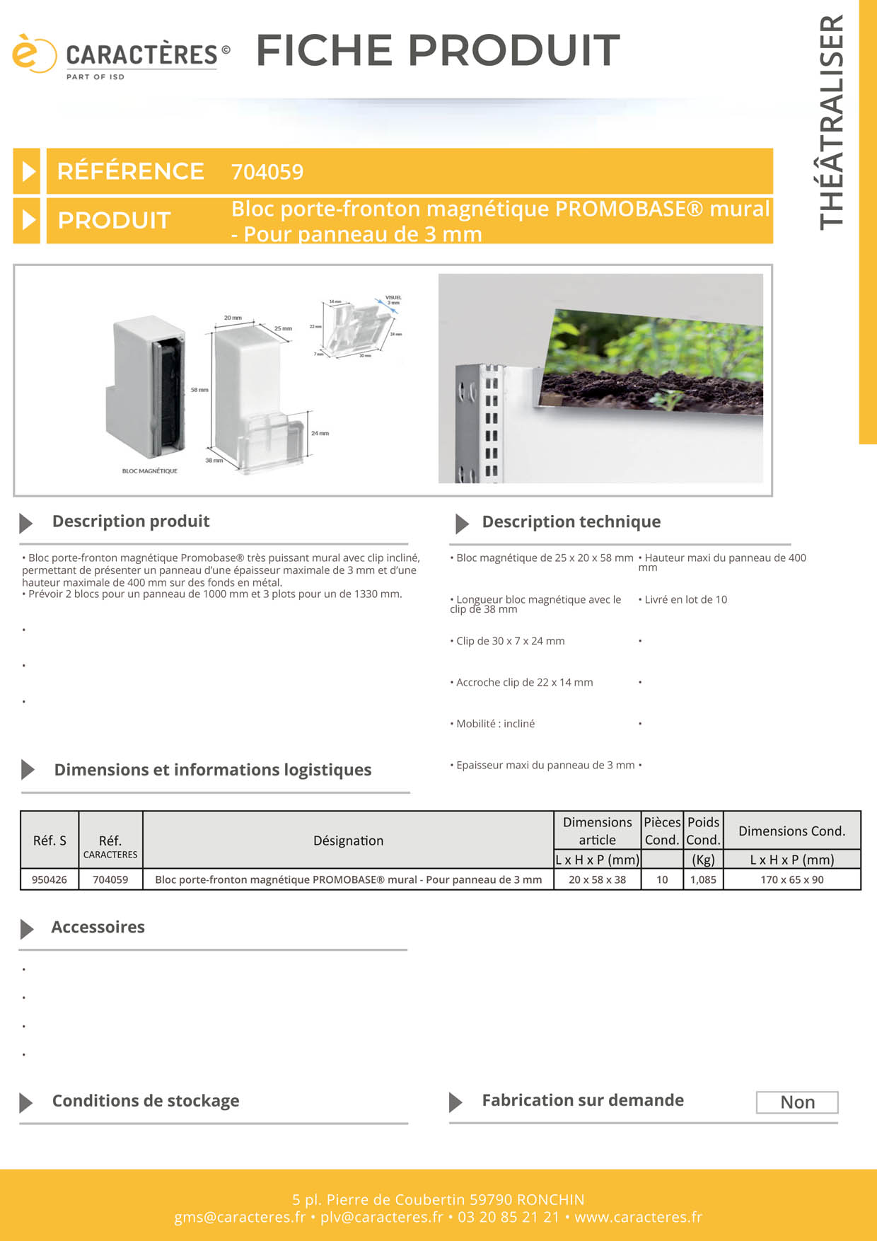 Bloc porte-fronton magnétique Promobase® murale + clip incliné - Panneau de 3 mm