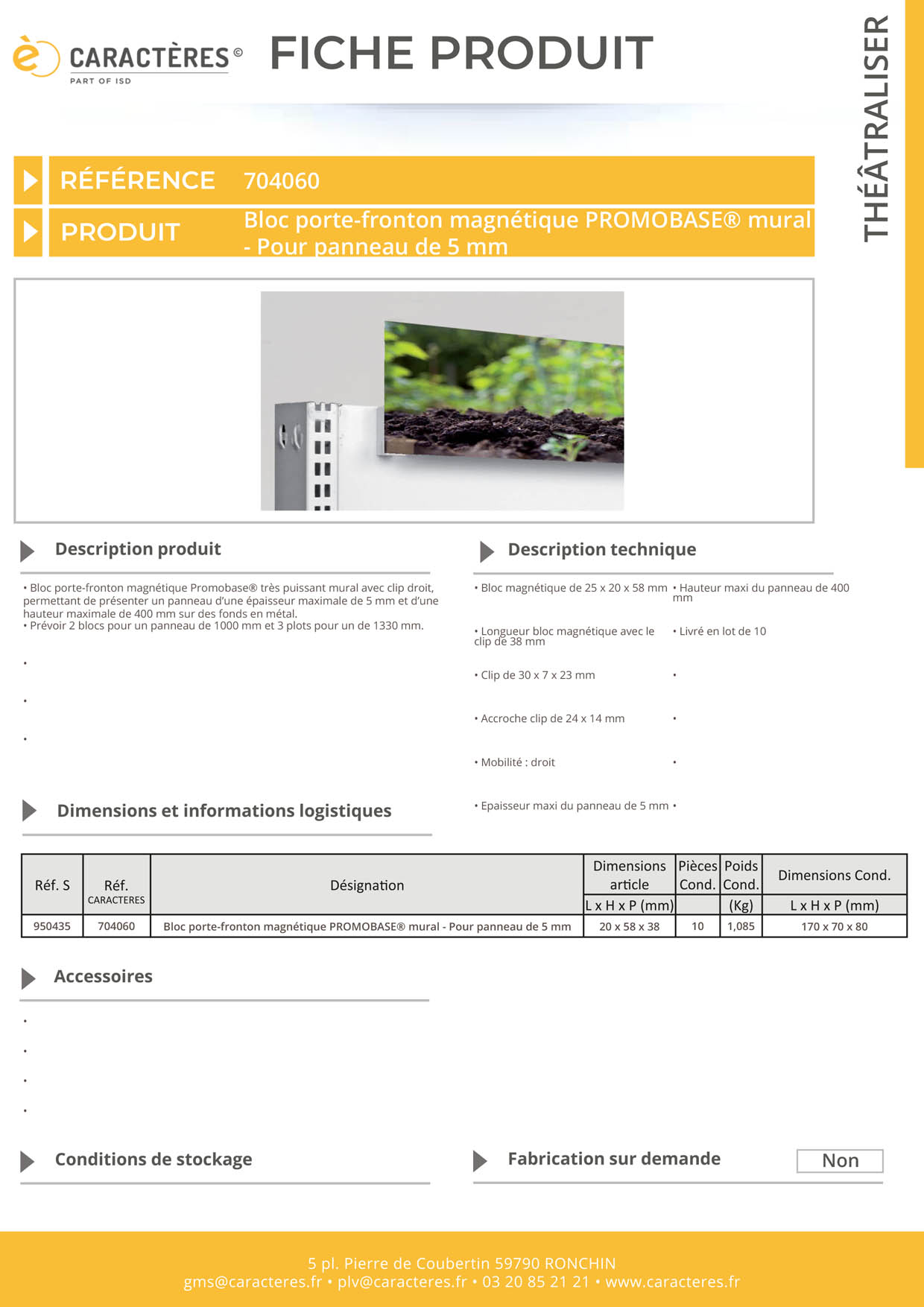 Porte-fronton magnétique Promobase® murale + clip droit - Panneau de 5 mm
