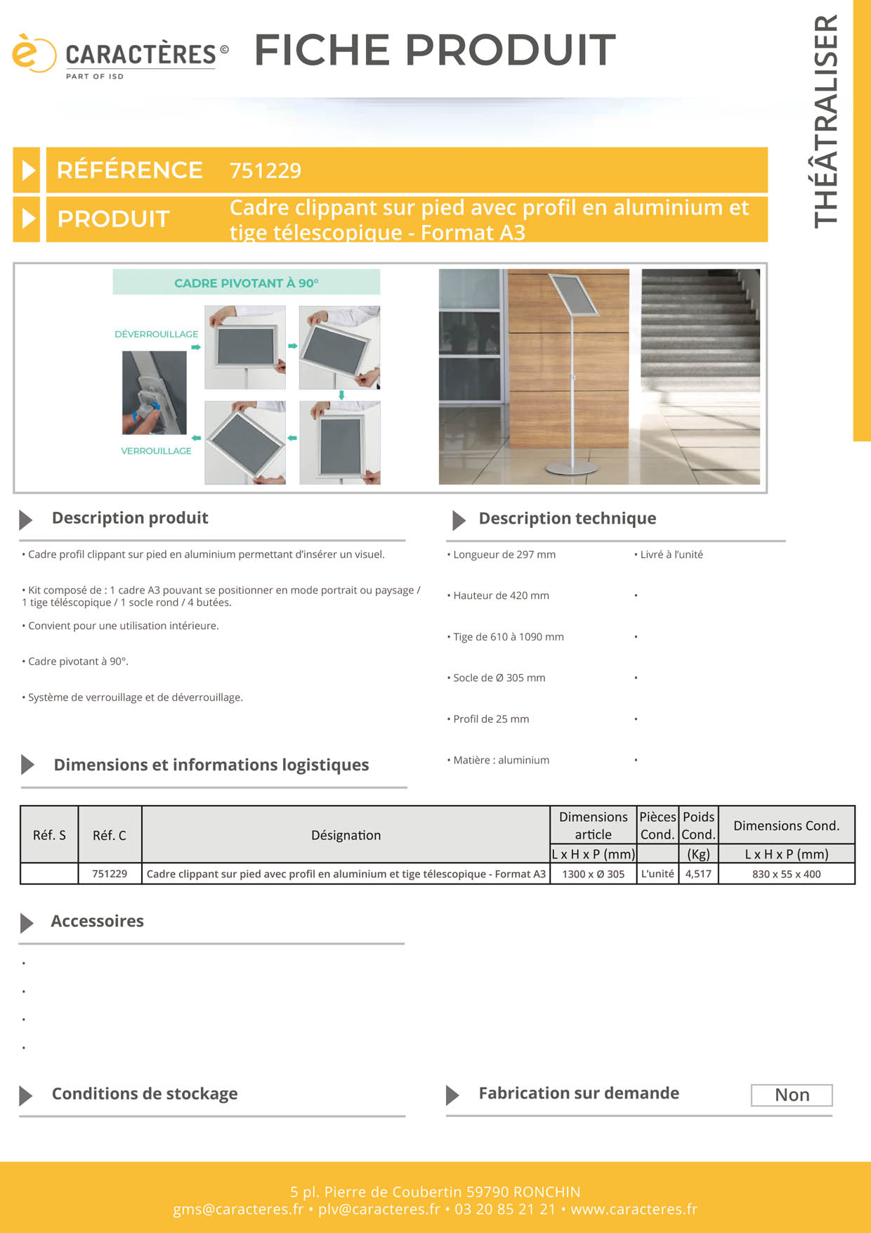 Cadre clippant sur pied avec profil en aluminium et tige télescopique - Format A3
