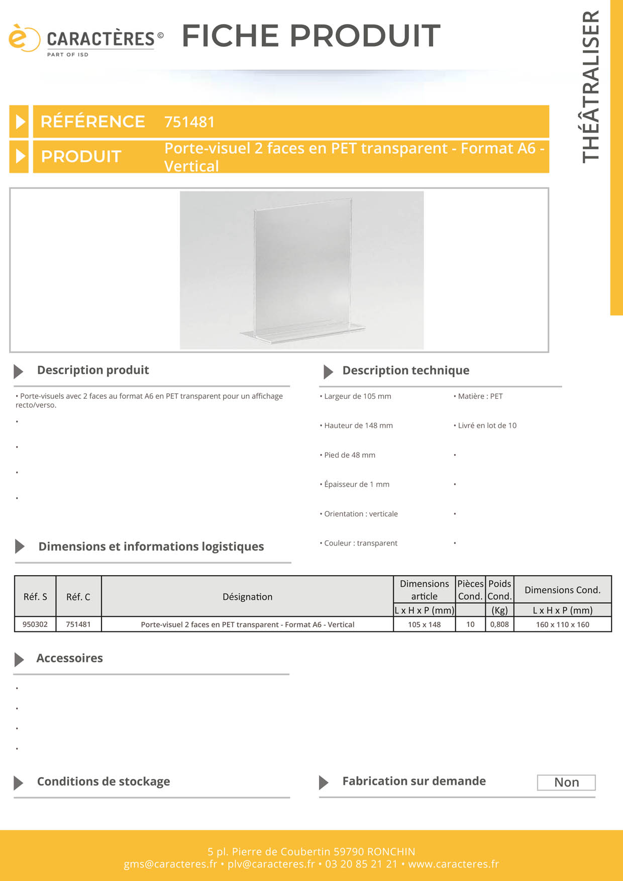Porte-visuel 2 faces en PET transparent - Format A6 - Vertical