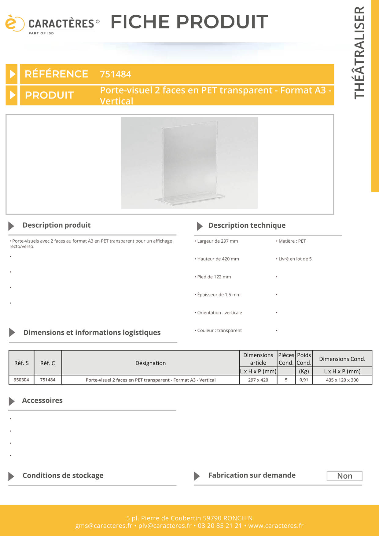 Porte-visuel 2 faces en PET transparent - Format A3 - Vertical