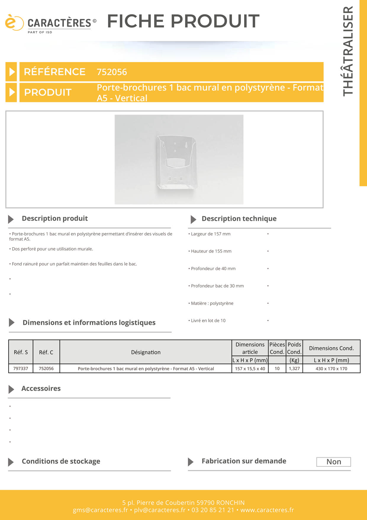 Porte-brochures 1 bac mural en polystyrène - Format A5 - Vertical