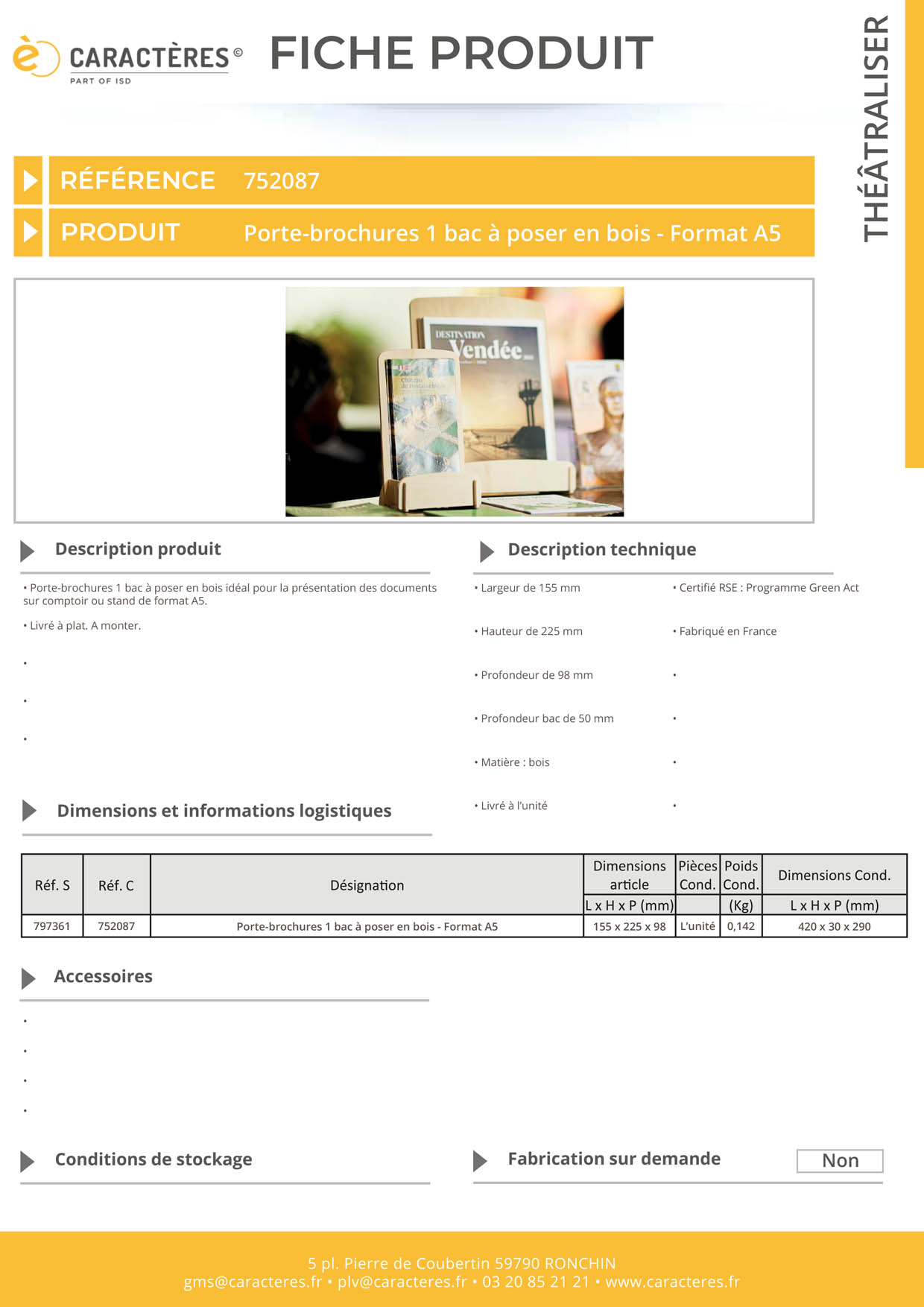 Porte-brochures 1 bac à poser en bois - Format A5