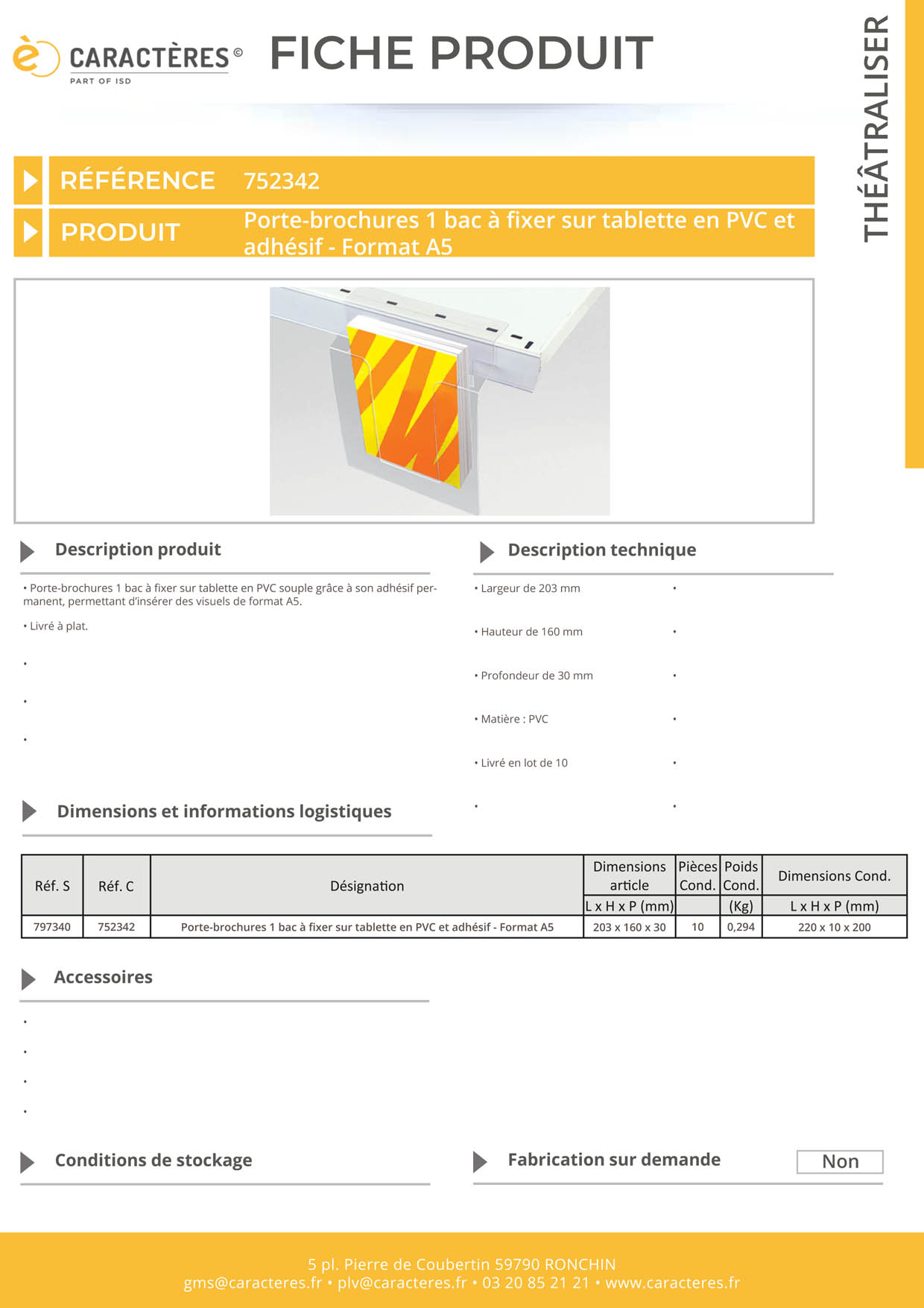 Porte-brochures 1 bac à fixer sur tablette en PVC et adhésif - Format A5