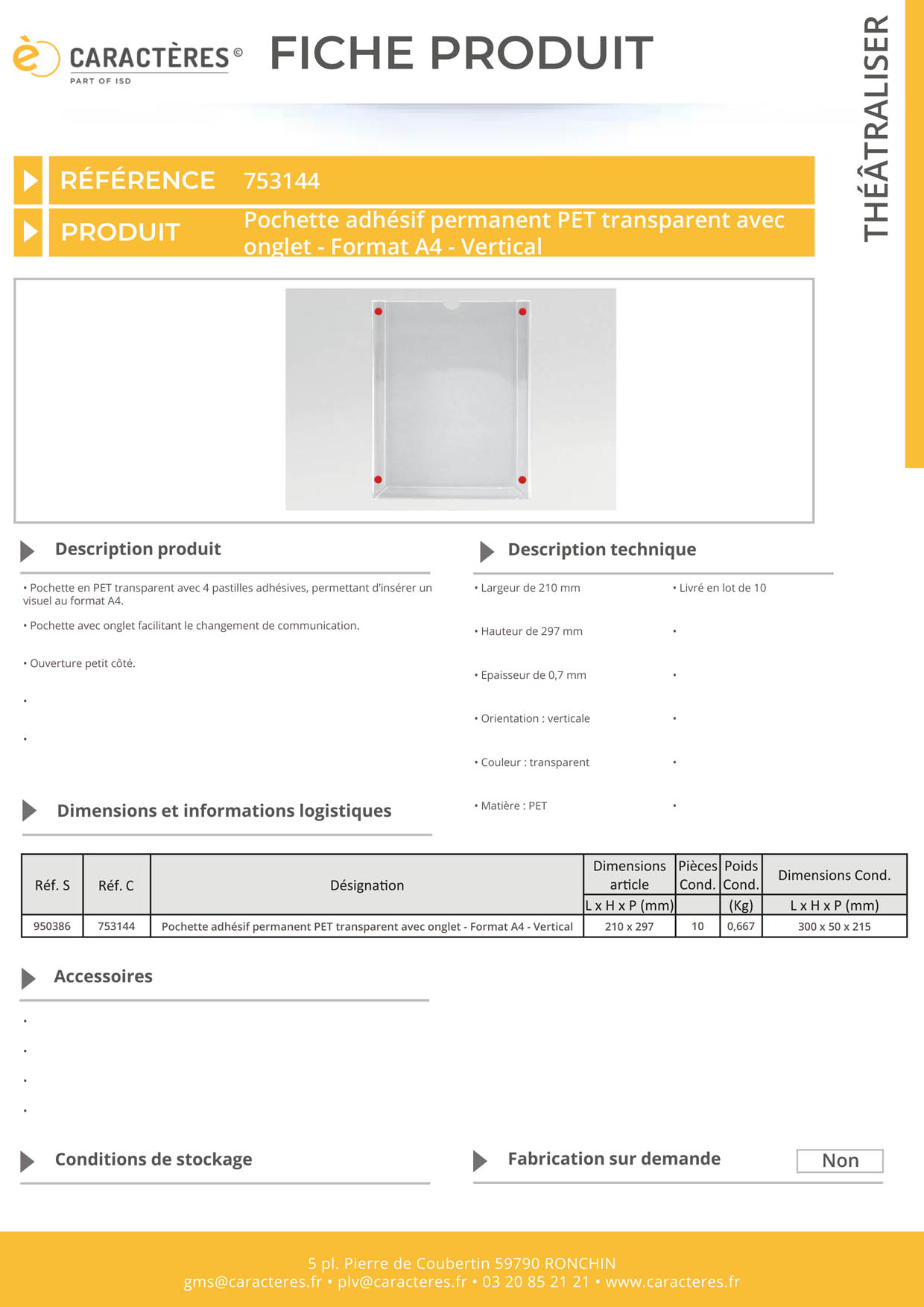 Pochette adhésif permanent PET transparent avec onglet - Format A4 - Vertical