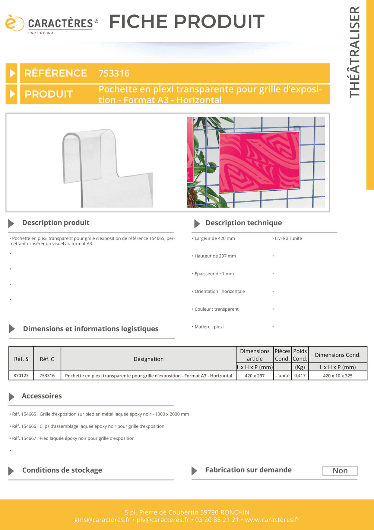Pochette en plexi transparente pour grille d'exposition - Format A3 - Horizontal