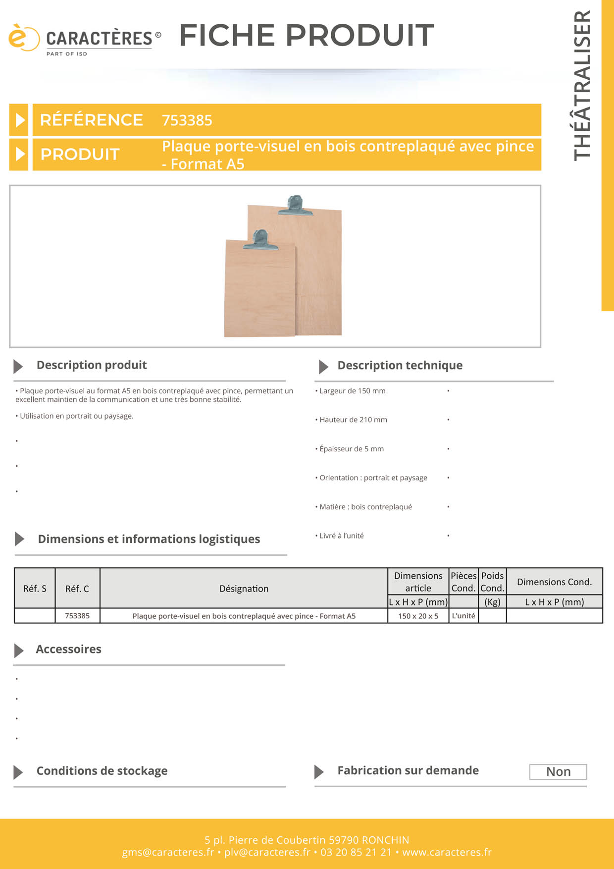 Plaque porte-visuel en bois contreplaqué avec pince - Format A5