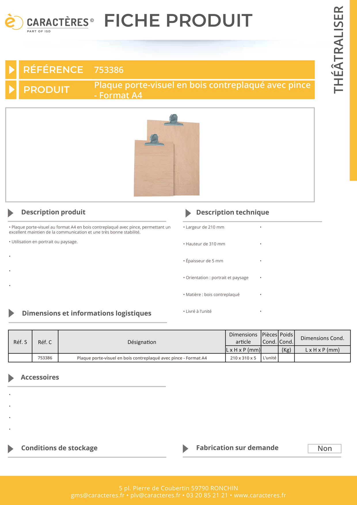 Plaque porte-visuel en bois contreplaqué avec pince - Format A4