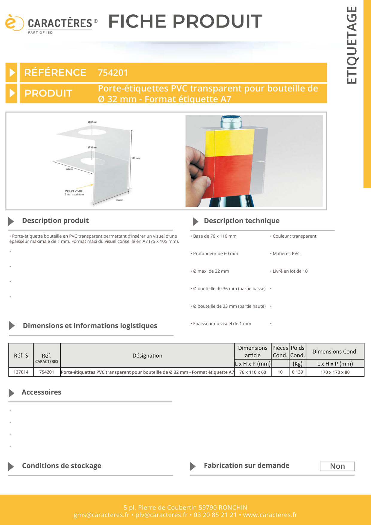 Porte-étiquette format A7 en PVC transparent pour bouteille de Ø  32 mm max