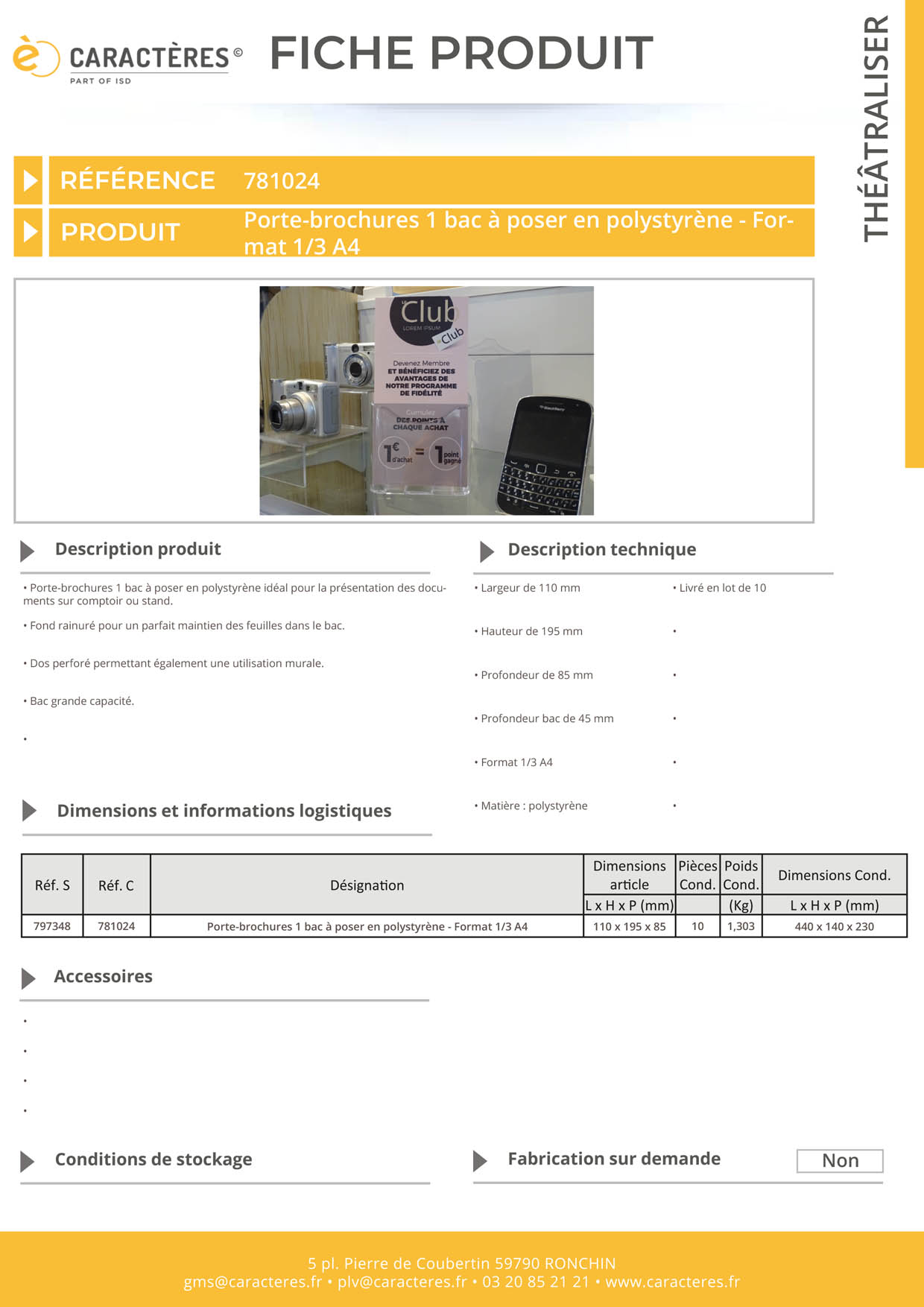 Porte-brochures 1 bac à poser en polystyrène - Format 1/3 A4