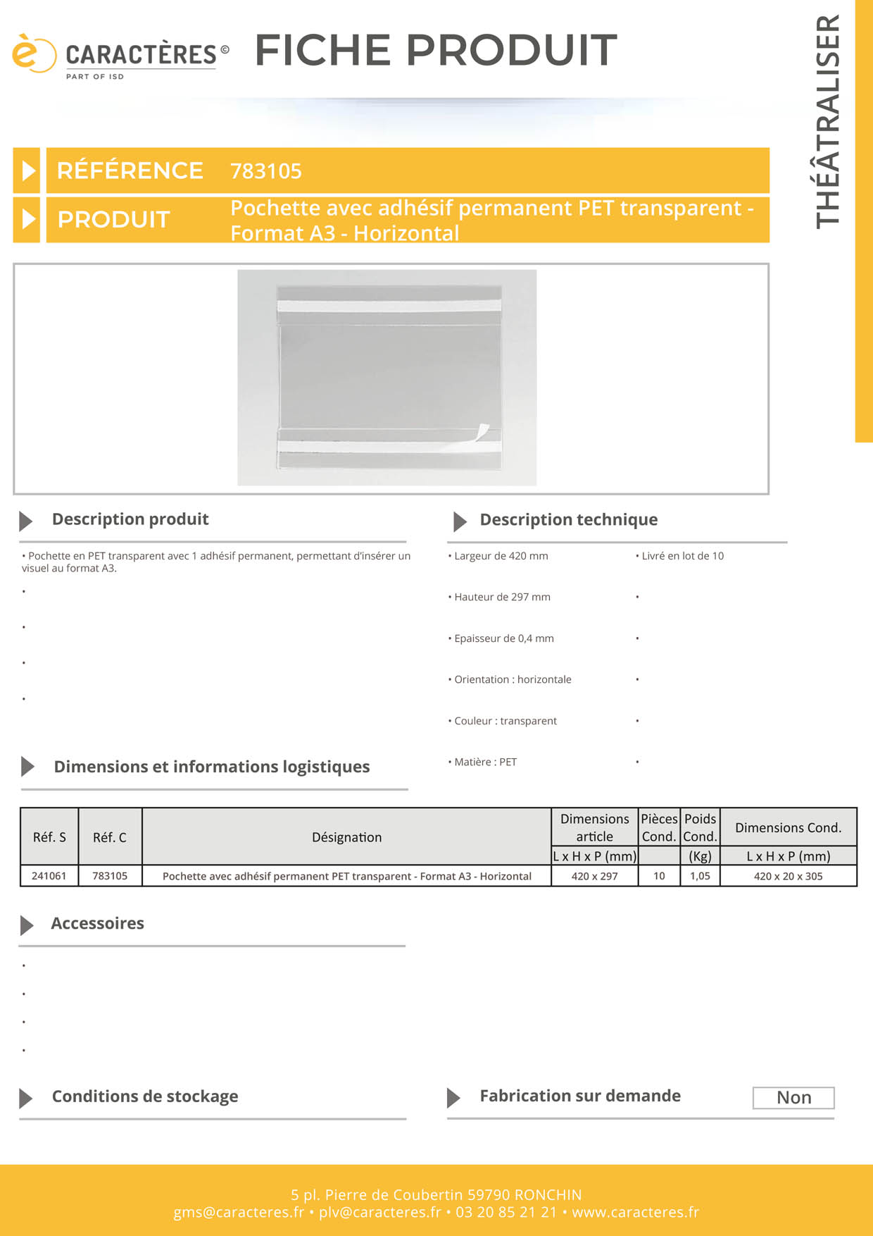 Pochette avec adhésif permanent PET transparent - Format A3 - Horizontal