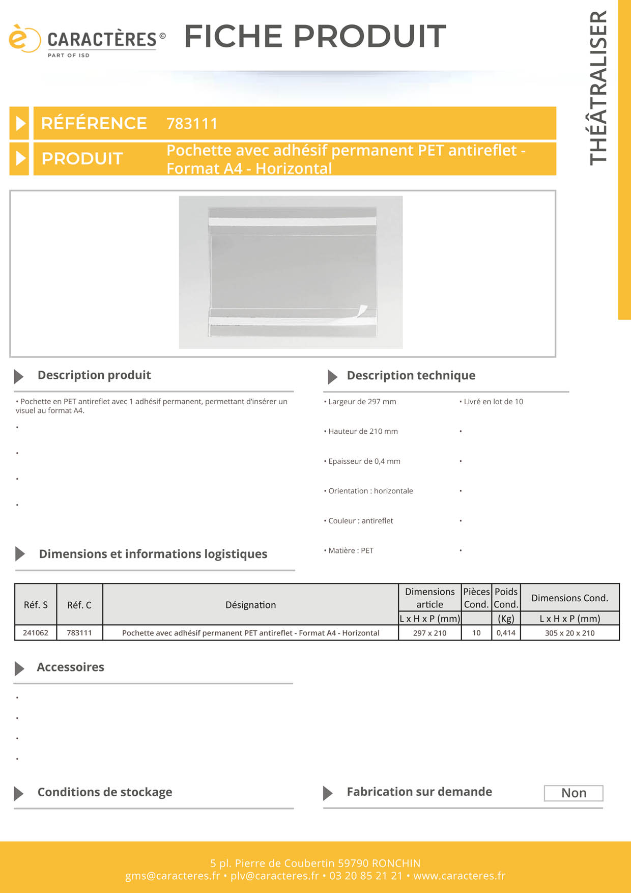 Pochette avec adhésif permanent PET antireflet - Format A4 - Horizontal