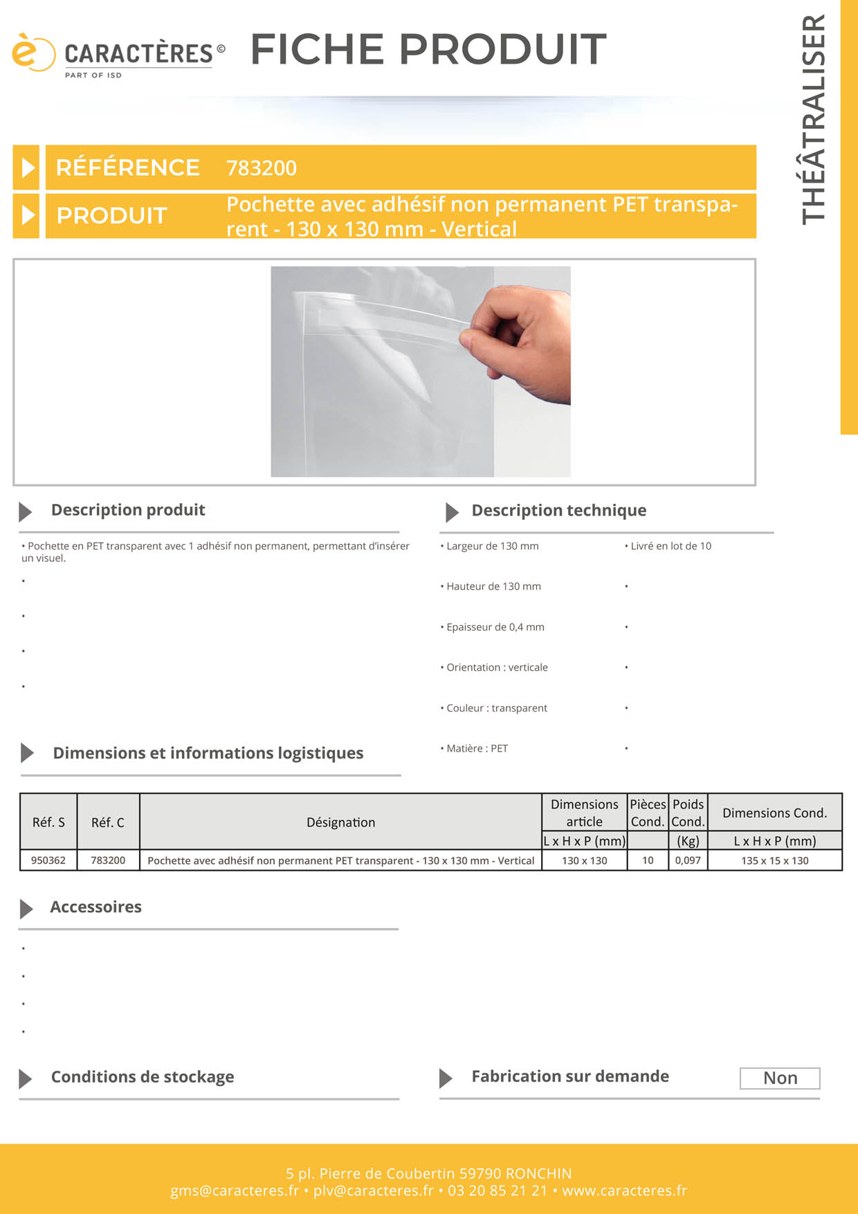 Pochette avec adhésif non permanent PET transparent - 130 x 130 mm - Vertical
