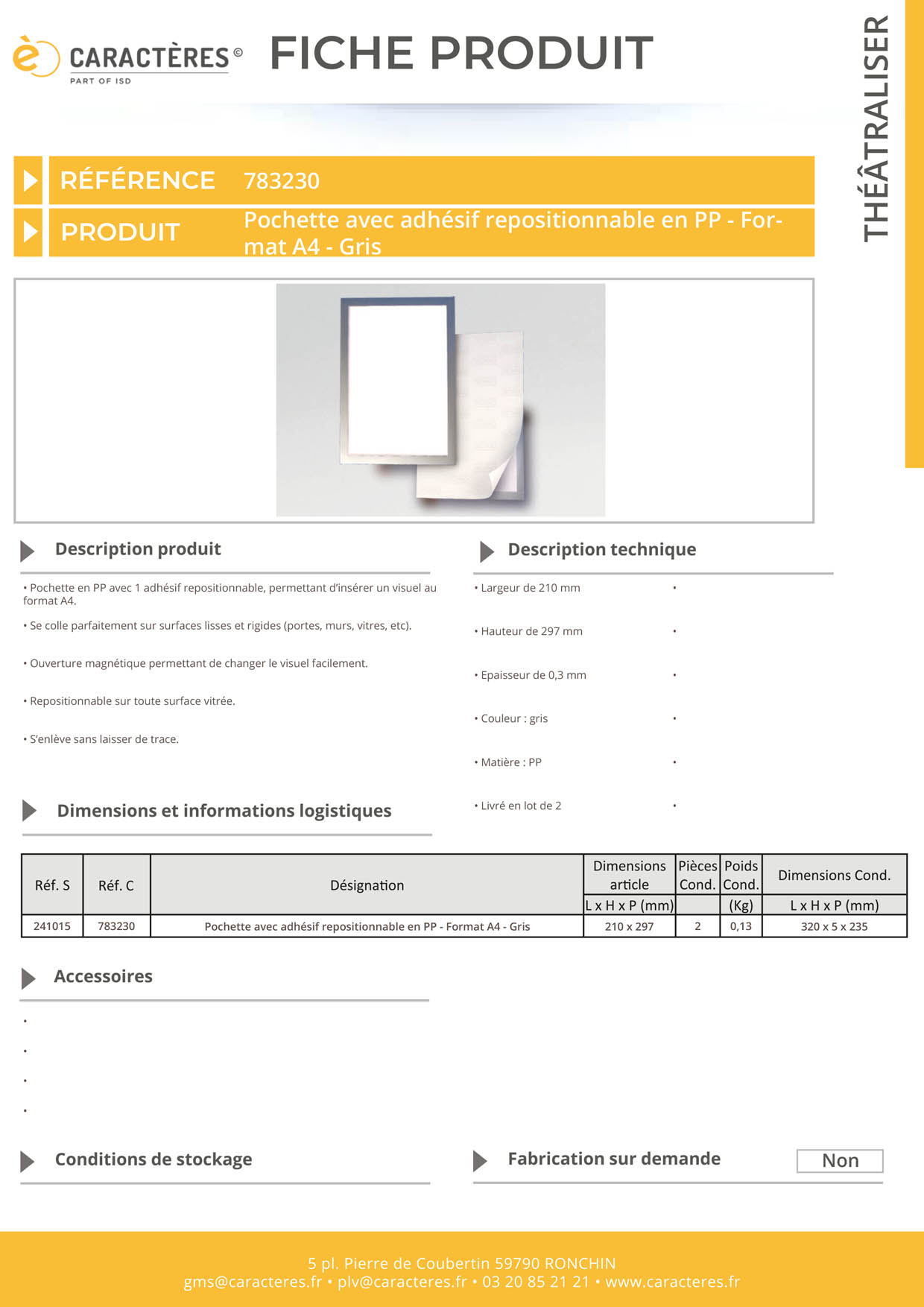 Pochette avec adhésif repositionnable en PP - Format A4 - Gris