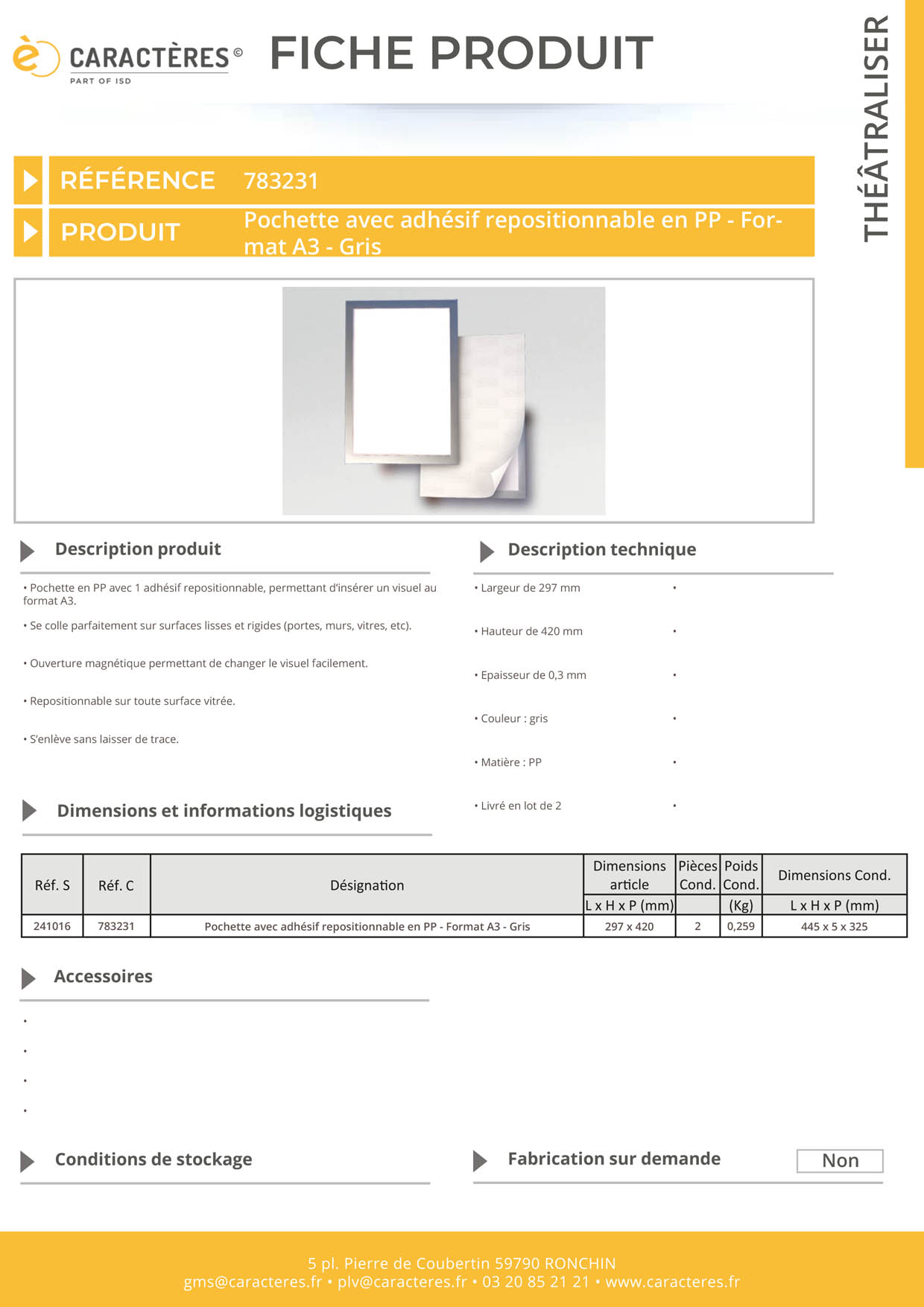 Pochette avec adhésif repositionnable en PP - Format A3 - Gris