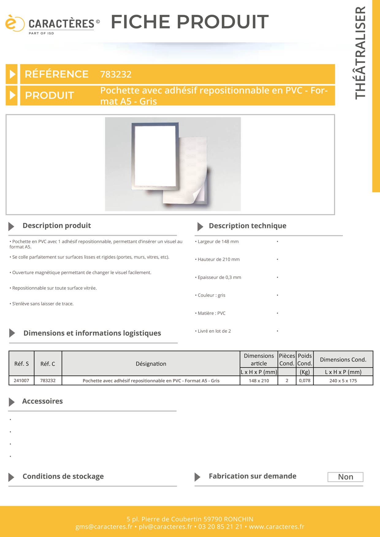 Pochette avec adhésif repositionnable en PVC - Format A5 - Gris