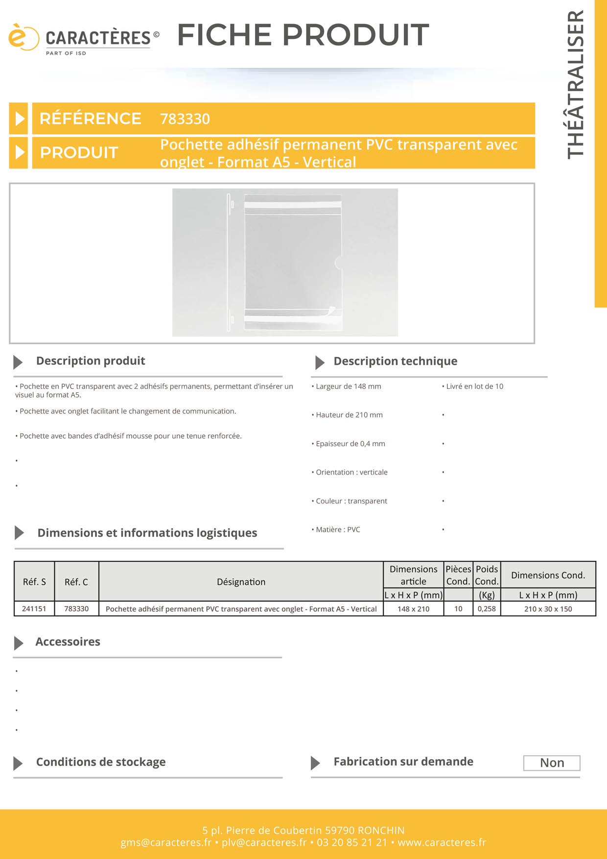 Pochette adhésif permanent PVC transparent avec onglet - Format A5 - Vertical
