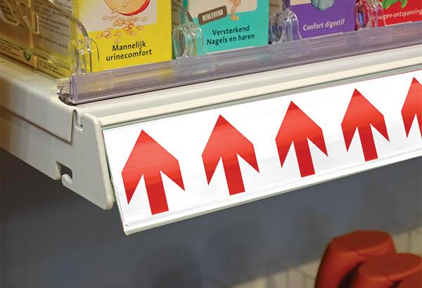 Bande décorative pour PE papier de 50 m x 38 mm - Flêche rouge fond blanc