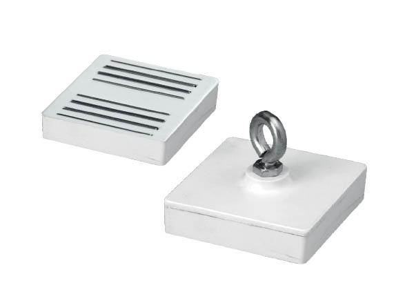 Aimant carré blanc avec crochet fermé en métal - 58 x 58 mm et force de 25 kg