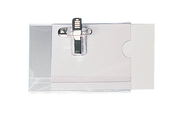 Badge porte-nom en PVC avec pince clip et épingle - 75 x 42 mm