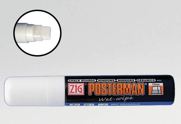 Marqueur craie Posterman® WET WIPE - Pointe rectangle de 15 mm blanche