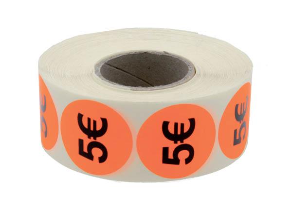 Pastilles adhésives prix rond de "5€" fluo de Ø 38 mm