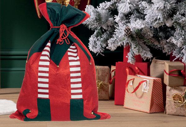 Hotte lutin de Noël en velours rouge, vert et blanc - Hauteur 72 cm - 40.5 x 1 cm