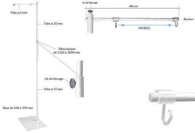 Potence simple télescopique blanche - 400 mm - 2 crochets ouverts