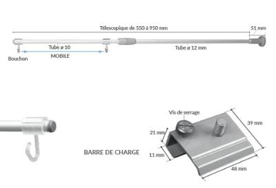 Potence télescopique pour barre de charge - 550 à 950 mm - 2 crochets ouverts