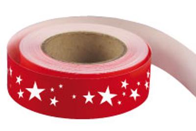Bande décorative pour PE papier de 50 m x 38 mm - Etoiles fond rouge Bande décorative pour PE papier de 50 m x 38 mm - Etoiles fond rouge